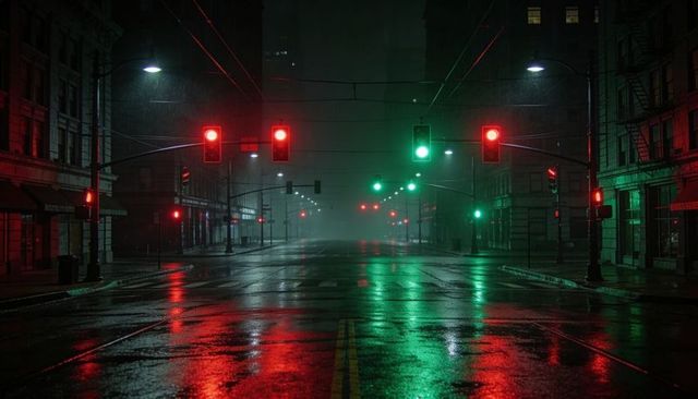 Mist-shrouded rain-soaked intersection reflecting red and green traffic lights at night