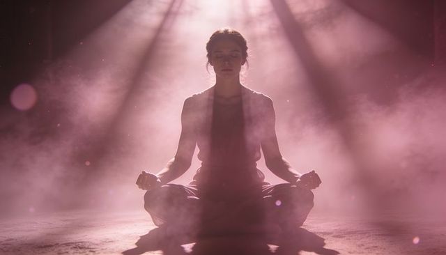 Female meditator sitting cross-legged meditating in backlit soft pink haze with sunbeams