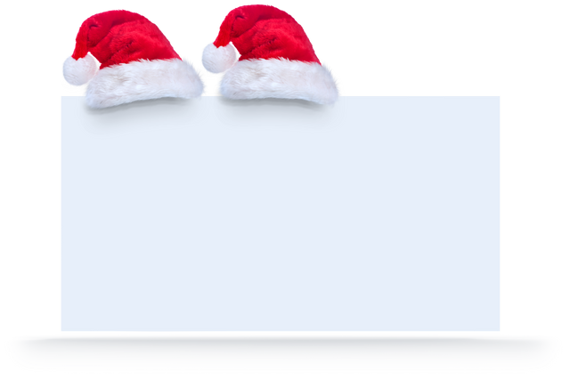 Image of two red Santa hats placed on top of a blank card with copy space on a transparent background. Ideal for holiday greeting cards, Christmas announcements, festive flyers, and social media graphics celebrating the holiday season. Easily customizable for any winter or Christmas-themed message.