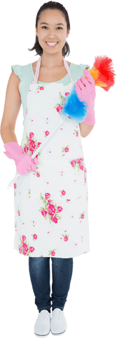 smiling woman in floral apron holding colorful feather duster transparent - Download Free Stock Videos Pikwizard.com