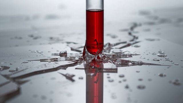 Test tube holding deep red liquid piercing shattered glass surface with glossy reflection