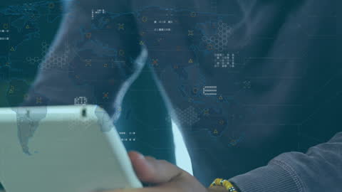 Data Technology Concept with Digital World Map Overlay on Tablet