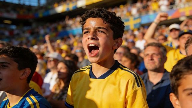 Teen football fan shouting in yellow jersey cheering passionately in sunlit stadium crowd