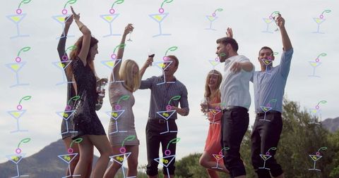 Friends celebrating outdoors with virtual drink icons