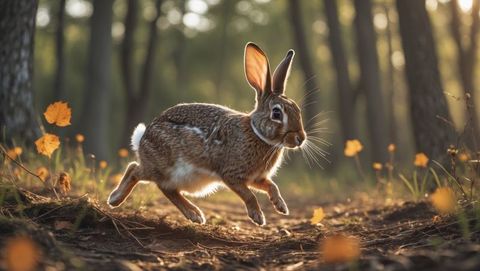 Brown cottontail rabbit leaping through sunlit woodland clearing in autumn