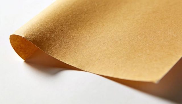 Curled Kraft Paper Texture Closeup Showing Natural Fibers, Warm Brown Tone, Curving Sheet