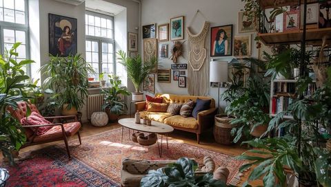 Mustard sofa anchoring bohemian living room with indoor plants, macrame and vintage rug