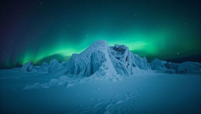 Glowing arctic ice mound reflecting green aurora borealis under starry night sky