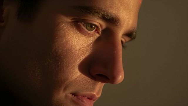 Close-up capturing warm directional light on male face with detailed skin texture and gaze