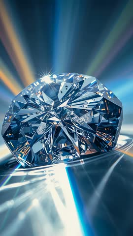 Pulling camera revealing brilliant diamond refracting rainbow beams on curved base