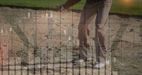 Golfer Practicing in Sand Bunker with Stock Market Overlay