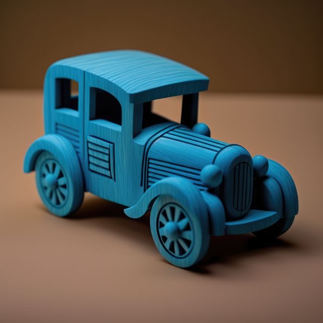 Close up of retro blue car toy on brown background, created using generative ai technology. Car, toy and colour concept digitally generated image.