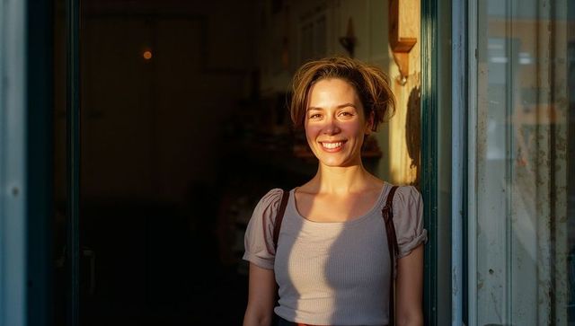 Sunlit woman smiling in doorway at golden hour wearing ribbed crop top and backpack
