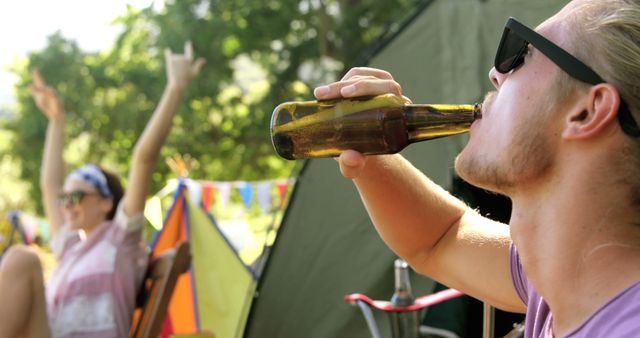 Friends Relaxing at Camping Site Enjoying Beverages in Summer - Download Free Stock Images Pikwizard.com