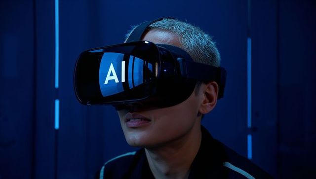 Exploring virtual reality with ai visor in blue neon studio, futuristic headset close-up