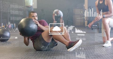Athlete doing russian twists with medicine ball and fitness data overlays