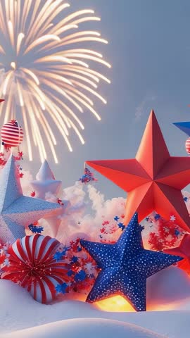 Vertical video firing fireworks over stars and festive ornaments at dusk with drifting smoke