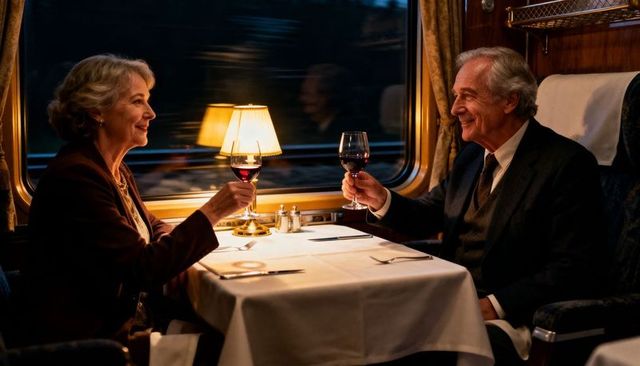 Senior couple toasting red wine in luxury train dining carriage, romantic evening glow
