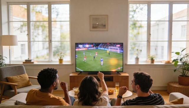 Friends cheering during soccer match on tv in cozy living room with snacks and plants