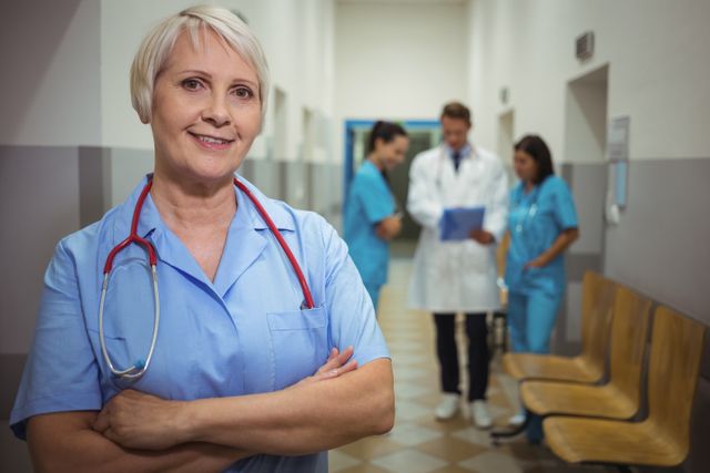 Senior female surgeon stands confidently with arms crossed in a hospital corridor, wearing medical scrubs and a stethoscope around her neck. In the background, other medical staff are engaged in discussion. This image is ideal for promoting healthcare services, medical career opportunities, hospital advertisements, or educational materials highlighting teamwork and professionalism in healthcare.