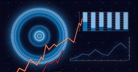 Futuristic HUD Analytics Dashboard with Glowing Concentric Rings, Neon Line and Bar Charts