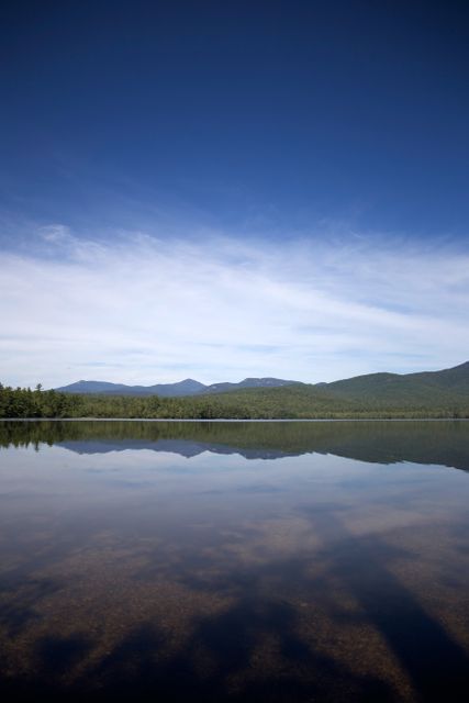Visually stunning image showing reflection of mountains and sky on calm lake surface. Serene scene with untouched wilderness and clear blue sky, perfect for nature blogs, travel advertisements, meditation and relaxation themes, or desktop wallpapers.