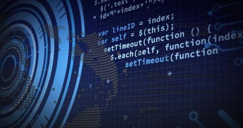 Futuristic JavaScript Code Scrolling Over Cybersecurity HUD with Global Data Visualization