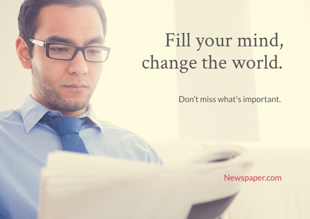 Man in an office setting reading a newspaper, emphasizing staying informed and gaining knowledge. Ideal for use in articles or advertisements related to business, professional development, staying informed, or promoting the importance of reading news.