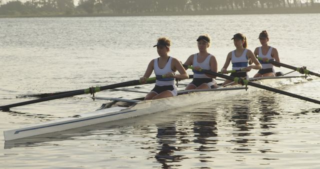 Women Rowing Team Practicing on Calm Lake During Sunset - Download Free Stock Images Pikwizard.com