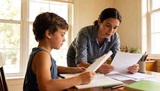 Helping son with homework at home desk, mother tutoring worksheets and notebooks, focused study mome