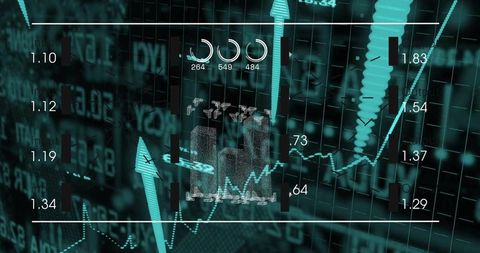 Displaying finance dashboard with teal upward trend, 3D arrow, candlesticks and analytics