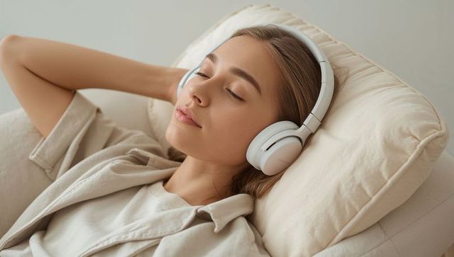 Young woman relaxing on sofa wearing white headphones listening to calming music