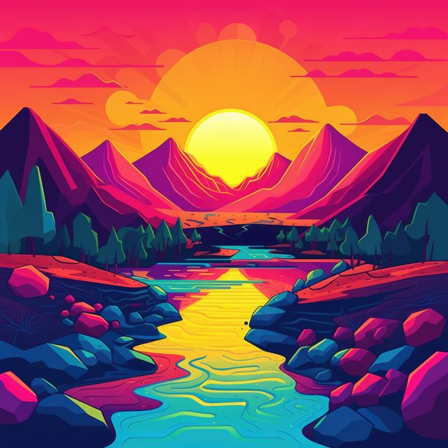 Illustrated depiction of a vivid sunset with bright yellow sun setting over colorful mountains and a flowing river. This artistic and imaginative scene fuses bold, bright colors creating a psychedelic feel, ideal for use in digital art projects, print designs, wallpapers, and as a striking scenic background for various creative applications.