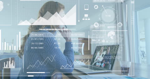 Businesswoman Engaged in Virtual Meeting with Holographic Data Overlay