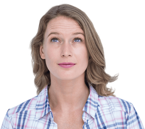 Thoughtful caucasian woman looking up transparent background