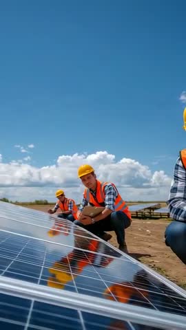 Technicians Inspecting Solar Panels at Utility-Scale Farm Using Tablet and Safety Gear
