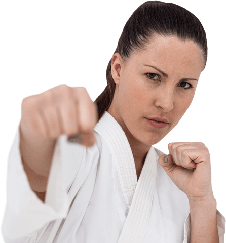 Confident Female Martial Artist in Defensive Karate Stance on Transparent Background