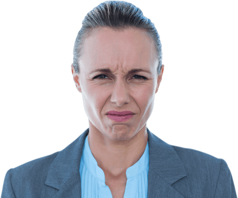 Transparent upset businesswoman expressing frustration