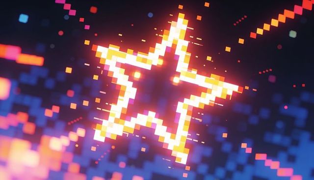 Radiating neon pixel star emitting glowing trails and floating cubes in futuristic grid