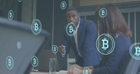 Business leaders discussing bitcoin and crypto investment strategy in modern boardroom
