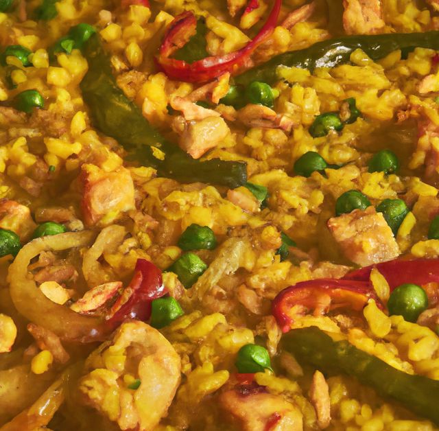 Vibrant paella with chicken, peas, and vegetables perfect for illustrating Spanish cuisine, restaurant menus, or food blog posts about traditional dishes. Captures the texture and ingredients, making it ideal for visual content related to cooking, recipes, cultural foods, or gourmet dining options.