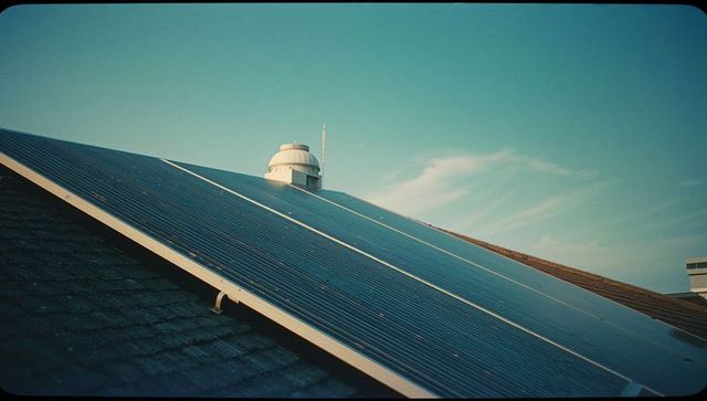 Solar Panels Reflecting Sunlight on Roof at Sunset