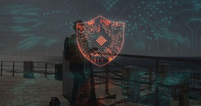 Digital Shield Hologram Overlooking Urban Seascape at Dusk