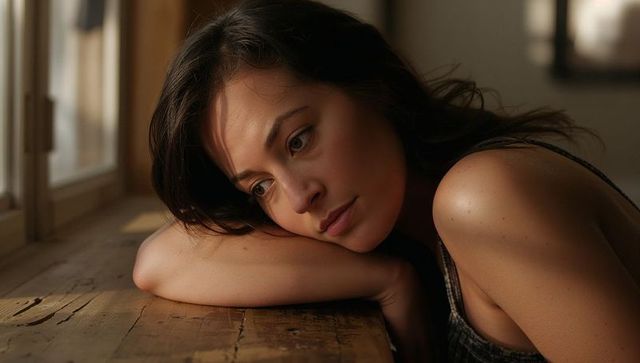 Pensive woman resting on wooden table, gazing toward sunlit window, intimate portrait