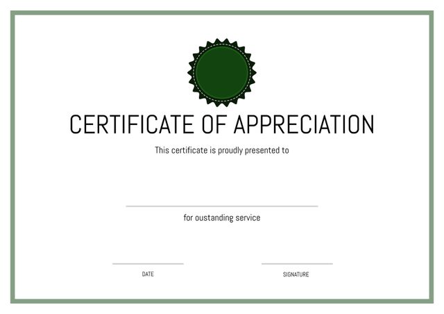 Certificate of Appreciation Template for Outstanding Service with Green Roundel - Download Free Stock Templates Pikwizard.com