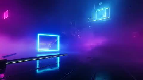 Moving Neon Square Frame Through Cyberpunk Plaza with Magenta Fog and Reflective Floor