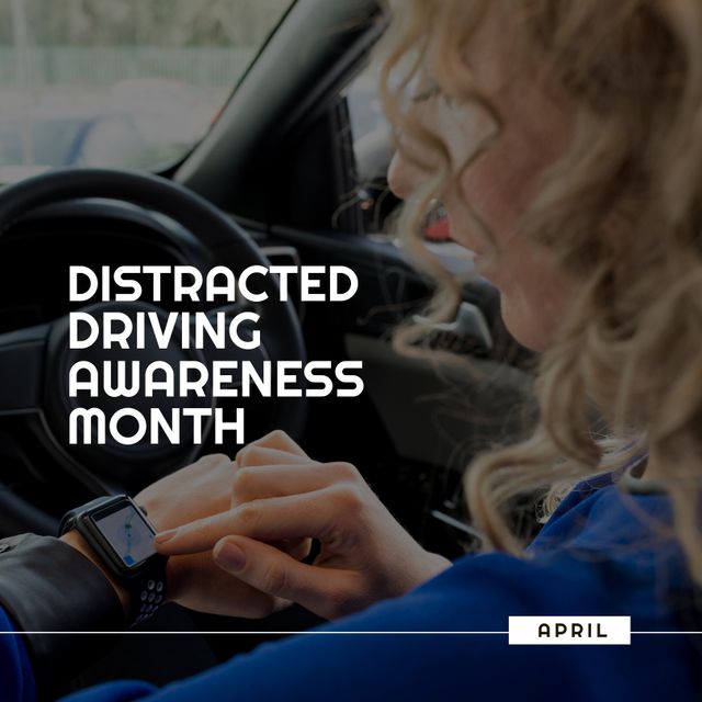 Distracted Driving Awareness Month Campaign with Woman Using Smartwatch in Car - Download Free Stock Templates Pikwizard.com