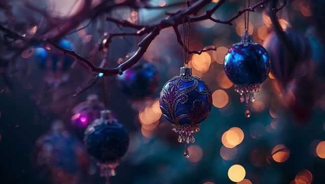 Enchanting blue-purple ornaments on twilight tree branches with bokeh lights