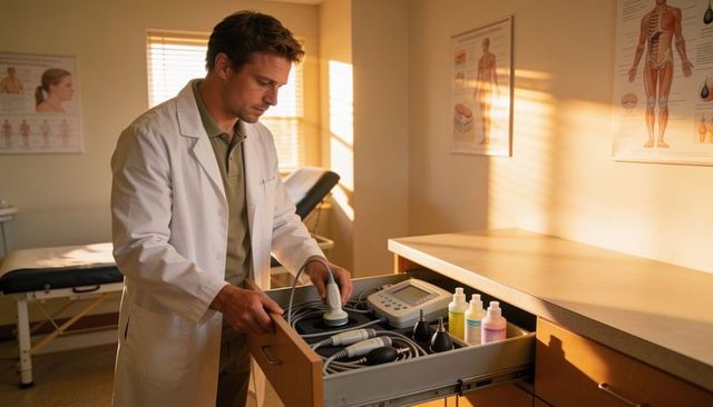 Clinician preparing ultrasound therapy equipment in sunlit medical treatment room