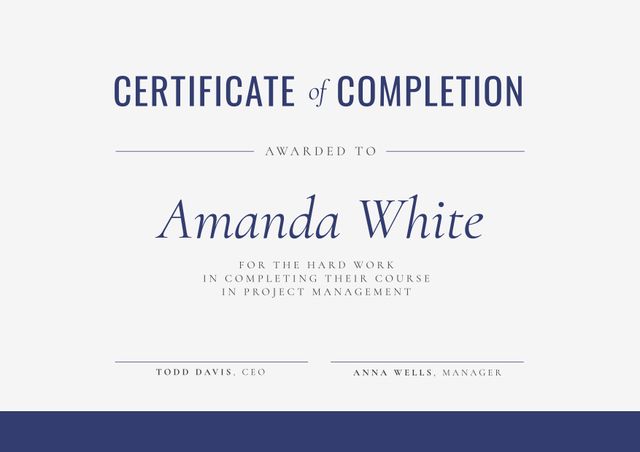 Composition of course completion certificate text over white and blue background. Certificates and documents concept digitally generated image.